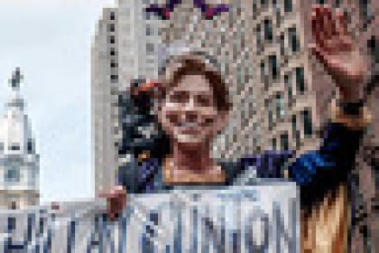 uly 25, 2016 - Philadelphia, Pennsylvania, U.S - The March For Our Lives heads down Broad St. towards the Democratic National Convention at the Wells Fargo Center. The march is in protest to the nomination of Hillary Clinton at the DNC and is made up of a coalition of Green Party activists, Bernie Sanders supporters, anarchists, socialists, and others